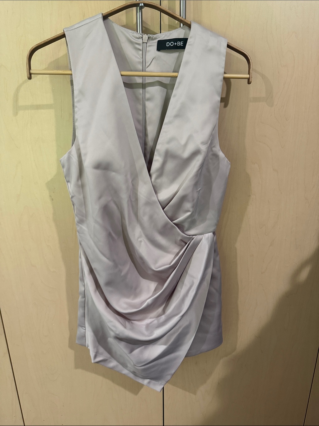Do+Be Sleeveless Elegant Draped Satin V-Neck Romper In Golden Cream.